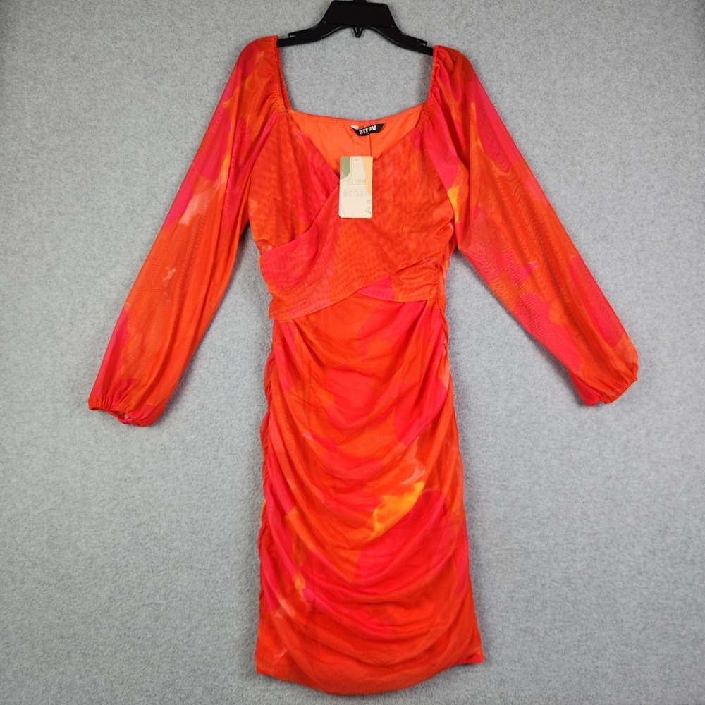 BTFBM Bodycon Dress Women Large Orange Ruched‎ Mesh Long Sleeve Cocktail Party